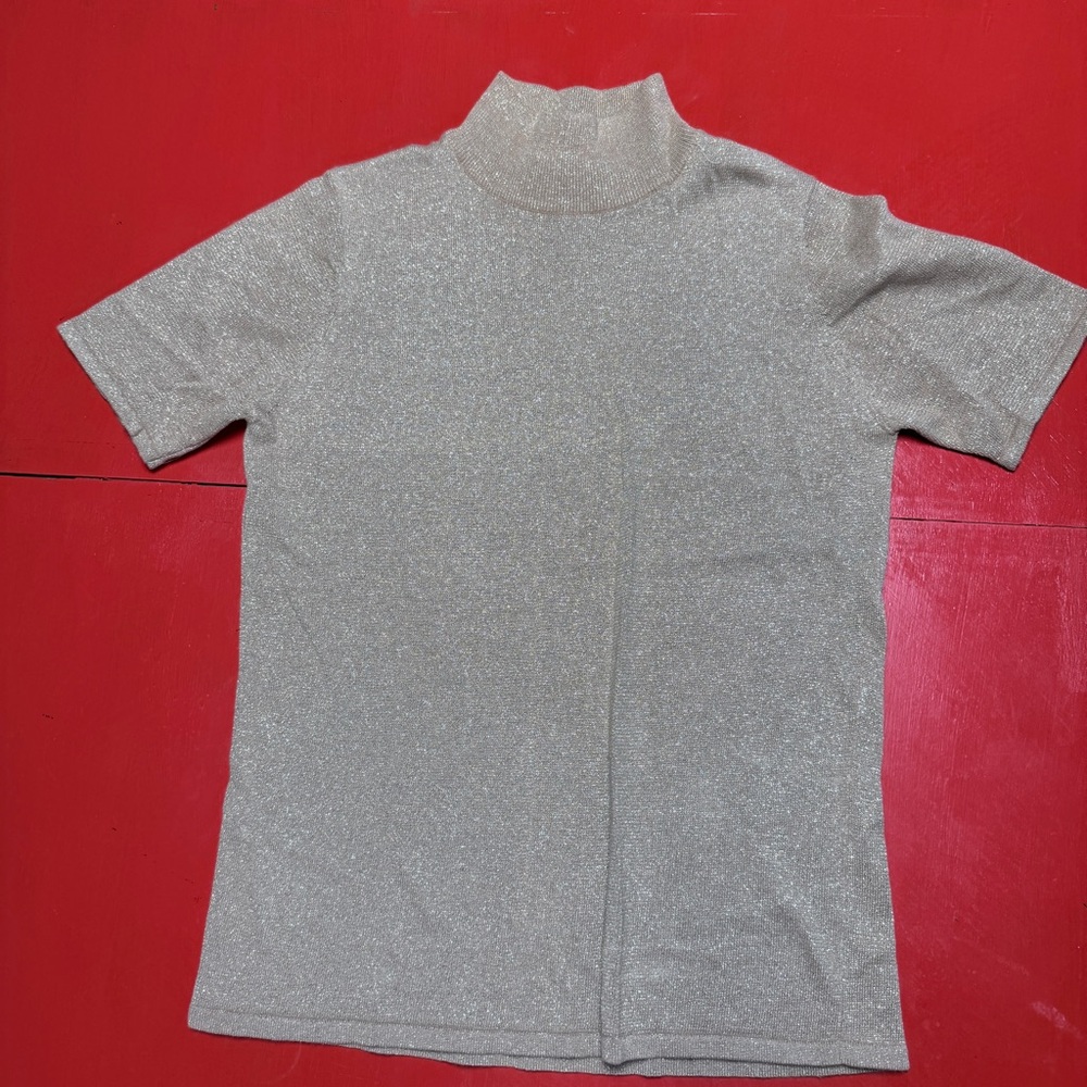 PIERRE CARDIN OPTIONS 2 GOLD MOCK TURTLENECK SHORT SLEEVE SWEATER TOP